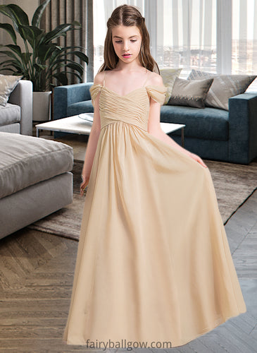 Camille A-Line Off-the-Shoulder Floor-Length Chiffon Junior Bridesmaid Dress With Ruffle XXCP0013595