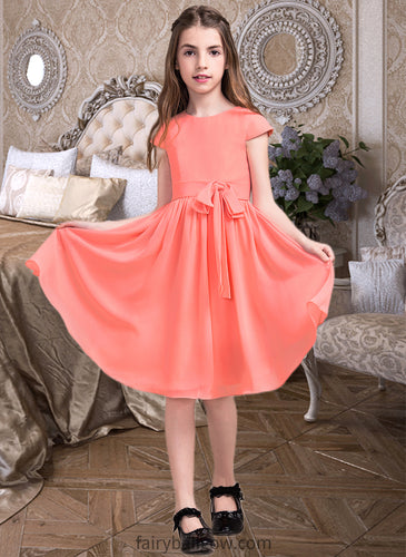 Rose A-Line Scoop Neck Knee-Length Chiffon Junior Bridesmaid Dress With Bow(s) XXCP0013596