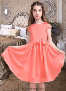 Rose A-Line Scoop Neck Knee-Length Chiffon Junior Bridesmaid Dress With Bow(s) XXCP0013596