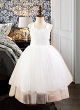 Load image into Gallery viewer, Anne Ball-Gown/Princess Sweetheart Tea-Length Satin Tulle Lace Junior Bridesmaid Dress With Bow(s) XXCP0013597