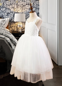 Anne Ball-Gown/Princess Sweetheart Tea-Length Satin Tulle Lace Junior Bridesmaid Dress With Bow(s) XXCP0013597