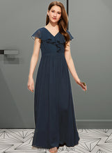 Load image into Gallery viewer, Mckenzie A-Line V-neck Floor-Length Chiffon Junior Bridesmaid Dress With Bow(s) Cascading Ruffles XXCP0013599