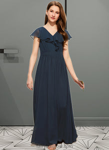 Mckenzie A-Line V-neck Floor-Length Chiffon Junior Bridesmaid Dress With Bow(s) Cascading Ruffles XXCP0013599