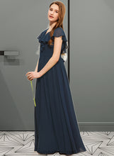 Load image into Gallery viewer, Mckenzie A-Line V-neck Floor-Length Chiffon Junior Bridesmaid Dress With Bow(s) Cascading Ruffles XXCP0013599