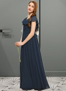 Mckenzie A-Line V-neck Floor-Length Chiffon Junior Bridesmaid Dress With Bow(s) Cascading Ruffles XXCP0013599