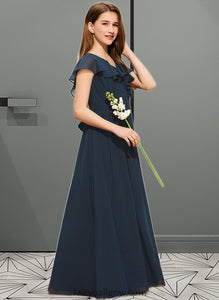 Mckenzie A-Line V-neck Floor-Length Chiffon Junior Bridesmaid Dress With Bow(s) Cascading Ruffles XXCP0013599