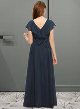 Load image into Gallery viewer, Mckenzie A-Line V-neck Floor-Length Chiffon Junior Bridesmaid Dress With Bow(s) Cascading Ruffles XXCP0013599