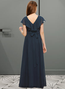 Mckenzie A-Line V-neck Floor-Length Chiffon Junior Bridesmaid Dress With Bow(s) Cascading Ruffles XXCP0013599