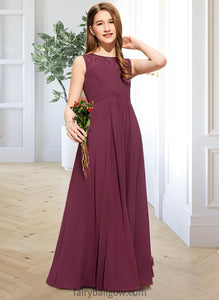 Allisson A-Line Scoop Neck Floor-Length Chiffon Lace Junior Bridesmaid Dress With Ruffle Bow(s) XXCP0013600