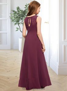 Allisson A-Line Scoop Neck Floor-Length Chiffon Lace Junior Bridesmaid Dress With Ruffle Bow(s) XXCP0013600