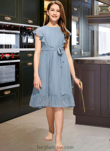 Jazlynn A-Line Scoop Neck Knee-Length Chiffon Junior Bridesmaid Dress With Bow(s) Cascading Ruffles XXCP0013601