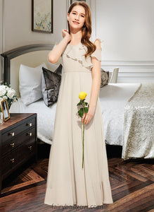 Gretchen A-Line V-neck Floor-Length Chiffon Junior Bridesmaid Dress With Cascading Ruffles XXCP0013603