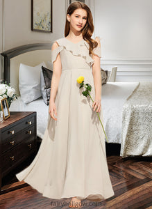 Gretchen A-Line V-neck Floor-Length Chiffon Junior Bridesmaid Dress With Cascading Ruffles XXCP0013603