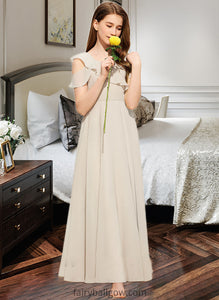 Gretchen A-Line V-neck Floor-Length Chiffon Junior Bridesmaid Dress With Cascading Ruffles XXCP0013603