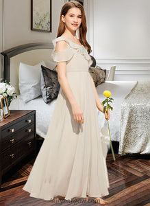 Gretchen A-Line V-neck Floor-Length Chiffon Junior Bridesmaid Dress With Cascading Ruffles XXCP0013603