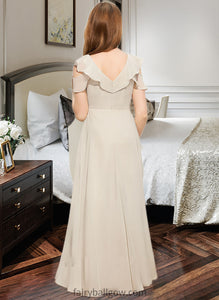 Gretchen A-Line V-neck Floor-Length Chiffon Junior Bridesmaid Dress With Cascading Ruffles XXCP0013603