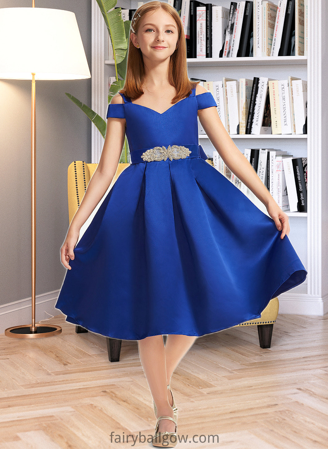 Elaine A-Line Off-the-Shoulder Knee-Length Satin Junior Bridesmaid Dress With Beading Bow(s) XXCP0013605