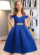 Load image into Gallery viewer, Elaine A-Line Off-the-Shoulder Knee-Length Satin Junior Bridesmaid Dress With Beading Bow(s) XXCP0013605