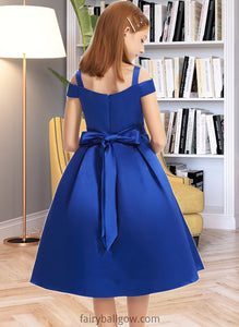 Elaine A-Line Off-the-Shoulder Knee-Length Satin Junior Bridesmaid Dress With Beading Bow(s) XXCP0013605