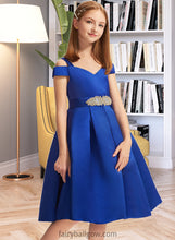 Load image into Gallery viewer, Elaine A-Line Off-the-Shoulder Knee-Length Satin Junior Bridesmaid Dress With Beading Bow(s) XXCP0013605