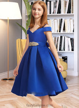 Load image into Gallery viewer, Elaine A-Line Off-the-Shoulder Knee-Length Satin Junior Bridesmaid Dress With Beading Bow(s) XXCP0013605