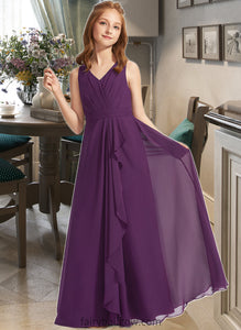 Taliyah A-Line V-neck Floor-Length Chiffon Junior Bridesmaid Dress With Ruffles XXCP0013607