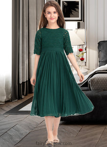 Florence A-Line Scoop Neck Tea-Length Chiffon Lace Junior Bridesmaid Dress With Pleated XXCP0013608