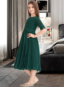 Florence A-Line Scoop Neck Tea-Length Chiffon Lace Junior Bridesmaid Dress With Pleated XXCP0013608