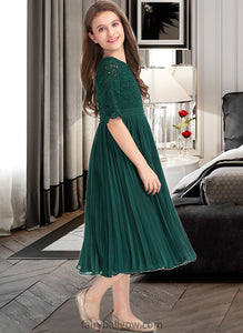 Florence A-Line Scoop Neck Tea-Length Chiffon Lace Junior Bridesmaid Dress With Pleated XXCP0013608