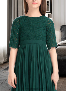 Florence A-Line Scoop Neck Tea-Length Chiffon Lace Junior Bridesmaid Dress With Pleated XXCP0013608