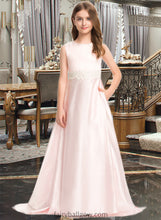 Load image into Gallery viewer, Audrey A-Line Scoop Neck Sweep Train Satin Lace Junior Bridesmaid Dress With Bow(s) Pockets XXCP0013609