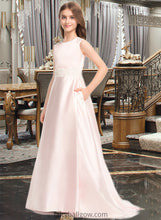 Load image into Gallery viewer, Audrey A-Line Scoop Neck Sweep Train Satin Lace Junior Bridesmaid Dress With Bow(s) Pockets XXCP0013609