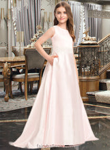 Load image into Gallery viewer, Audrey A-Line Scoop Neck Sweep Train Satin Lace Junior Bridesmaid Dress With Bow(s) Pockets XXCP0013609