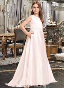 Audrey A-Line Scoop Neck Sweep Train Satin Lace Junior Bridesmaid Dress With Bow(s) Pockets XXCP0013609