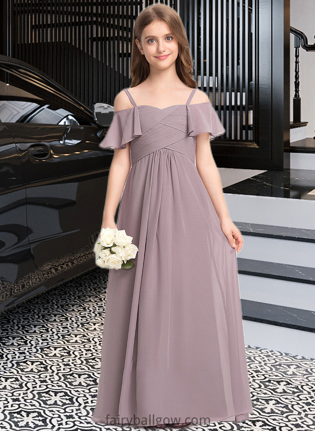 Kit A-Line Off-the-Shoulder Floor-Length Chiffon Junior Bridesmaid Dress With Ruffle XXCP0013610