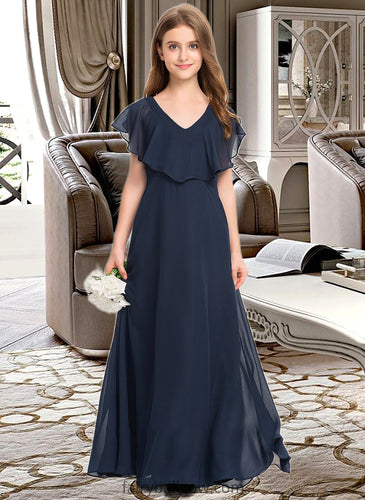 Amina A-Line V-neck Floor-Length Chiffon Junior Bridesmaid Dress XXCP0013611