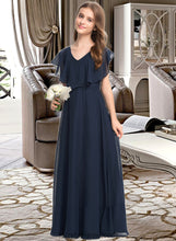 Load image into Gallery viewer, Amina A-Line V-neck Floor-Length Chiffon Junior Bridesmaid Dress XXCP0013611