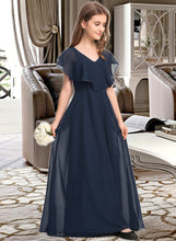 Load image into Gallery viewer, Amina A-Line V-neck Floor-Length Chiffon Junior Bridesmaid Dress XXCP0013611