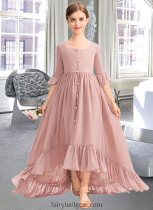 Kyla A-Line Scoop Neck Asymmetrical Chiffon Junior Bridesmaid Dress With Bow(s) Cascading Ruffles XXCP0013612