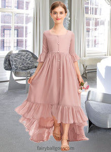 Kyla A-Line Scoop Neck Asymmetrical Chiffon Junior Bridesmaid Dress With Bow(s) Cascading Ruffles XXCP0013612