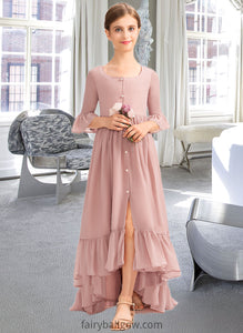 Kyla A-Line Scoop Neck Asymmetrical Chiffon Junior Bridesmaid Dress With Bow(s) Cascading Ruffles XXCP0013612