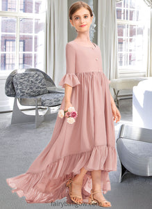 Kyla A-Line Scoop Neck Asymmetrical Chiffon Junior Bridesmaid Dress With Bow(s) Cascading Ruffles XXCP0013612