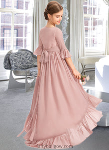 Kyla A-Line Scoop Neck Asymmetrical Chiffon Junior Bridesmaid Dress With Bow(s) Cascading Ruffles XXCP0013612