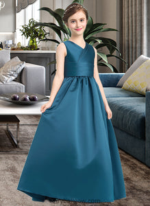 Luz Ball-Gown/Princess V-neck Floor-Length Satin Junior Bridesmaid Dress With Ruffle XXCP0013613