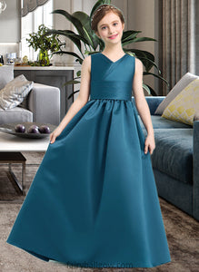 Luz Ball-Gown/Princess V-neck Floor-Length Satin Junior Bridesmaid Dress With Ruffle XXCP0013613