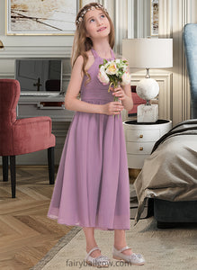 Lana A-Line Halter Tea-Length Chiffon Junior Bridesmaid Dress With Ruffle XXCP0013616