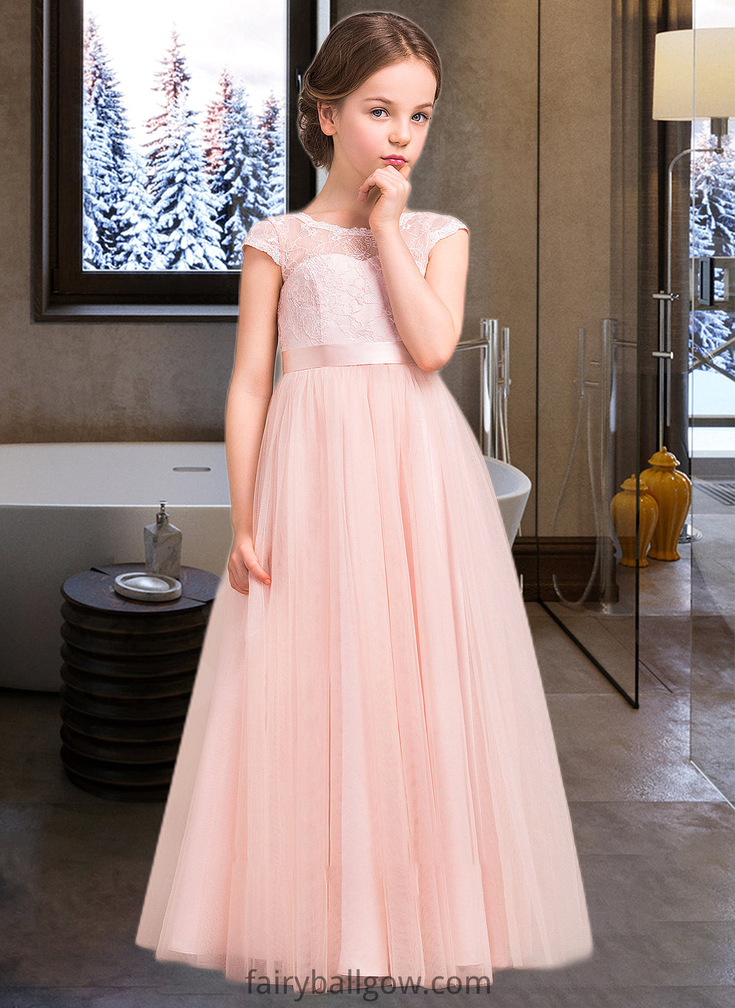 Kiara A-Line Scoop Neck Floor-Length Tulle Lace Junior Bridesmaid Dress With Bow(s) XXCP0013619