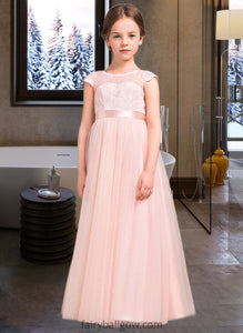 Kiara A-Line Scoop Neck Floor-Length Tulle Lace Junior Bridesmaid Dress With Bow(s) XXCP0013619