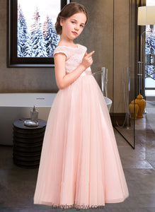 Kiara A-Line Scoop Neck Floor-Length Tulle Lace Junior Bridesmaid Dress With Bow(s) XXCP0013619