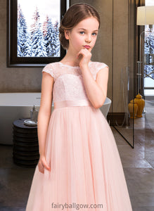 Kiara A-Line Scoop Neck Floor-Length Tulle Lace Junior Bridesmaid Dress With Bow(s) XXCP0013619